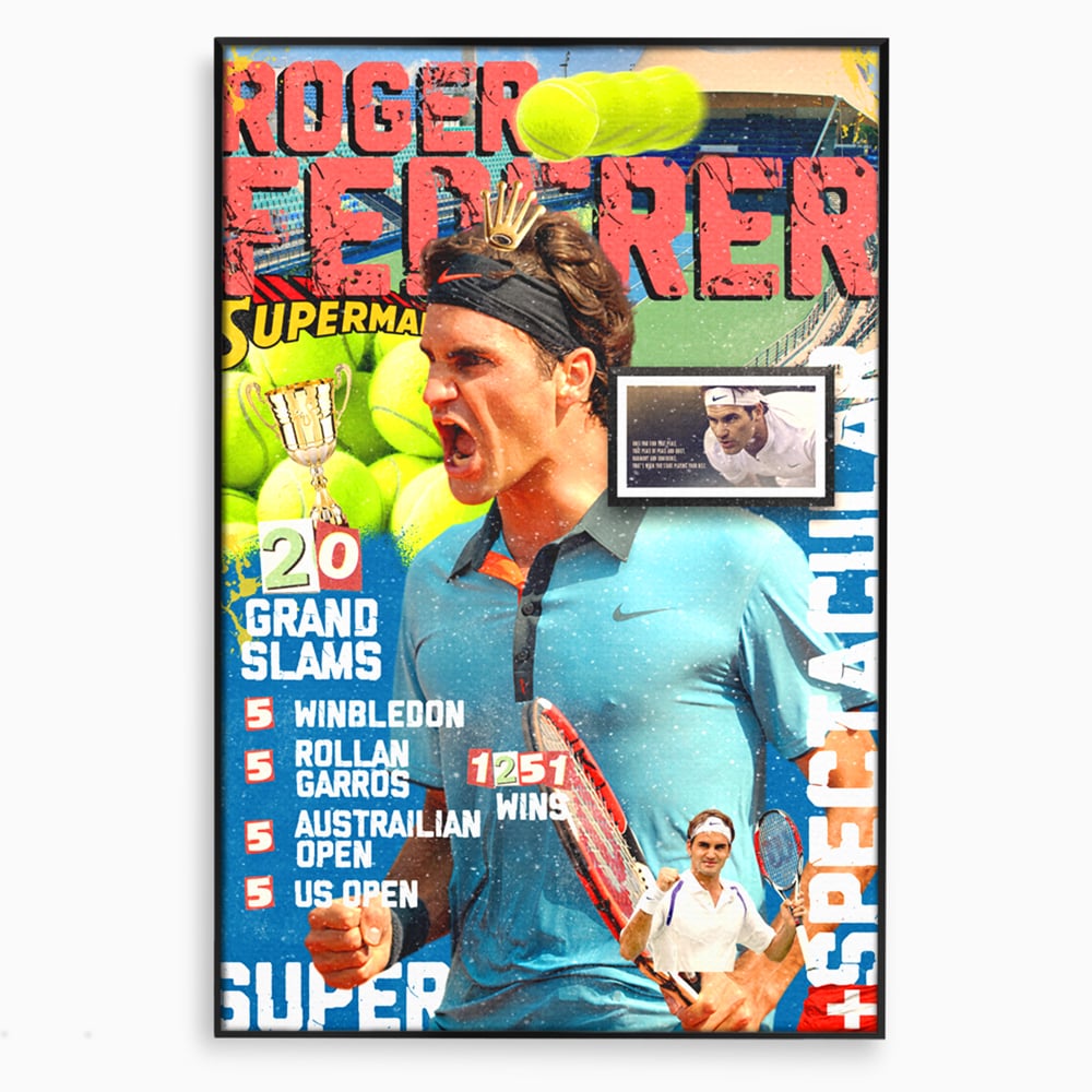 Tablou canvas cu tablou canvas cu roger federer si racheta de tenis, in rama de aluminiu negru